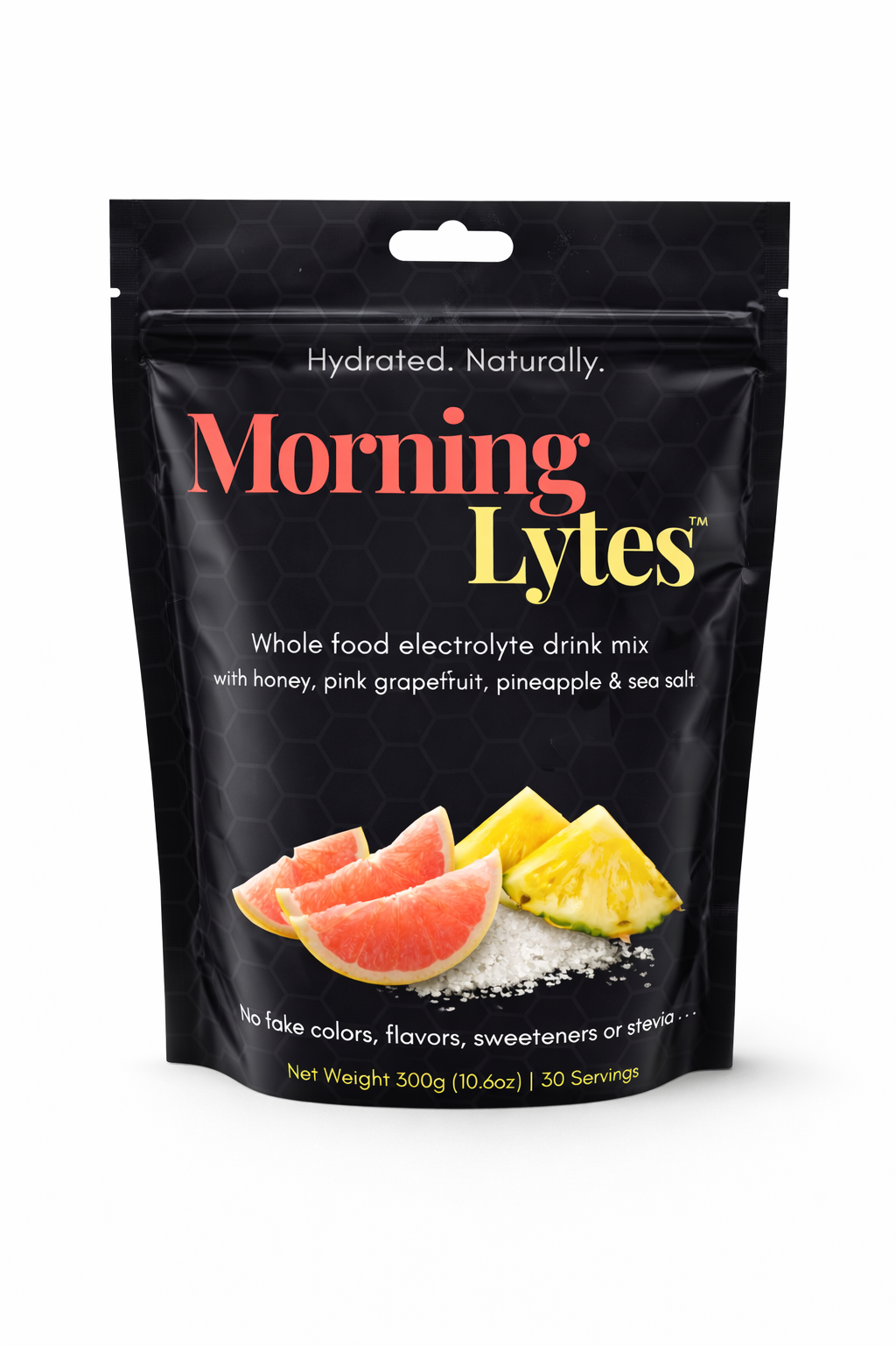 Black package of Morning Lytes with fruit images on a white background