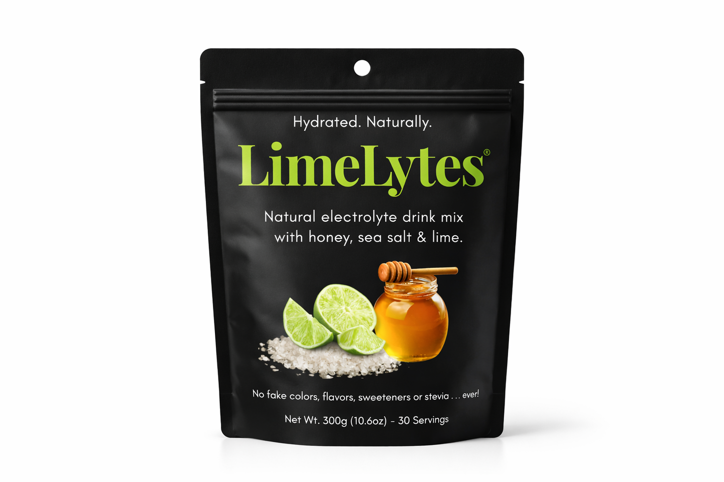 Black package of LimeLytes natural electrolyte drink mix with honey, sea salt, and lime on a white background.