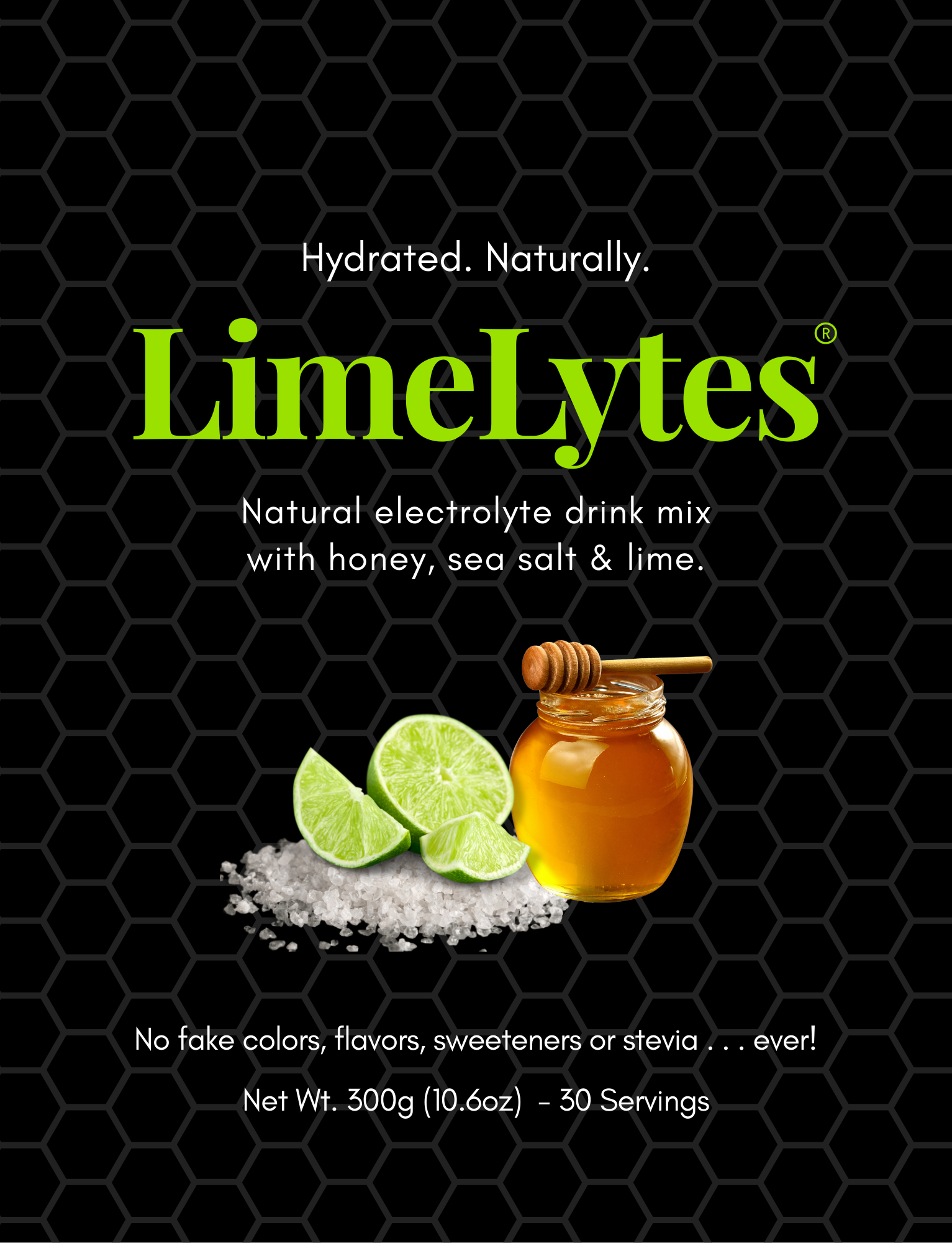 Limelytes natural electrolyte drink mix packaging with honey, sea salt, and lime on a black background.