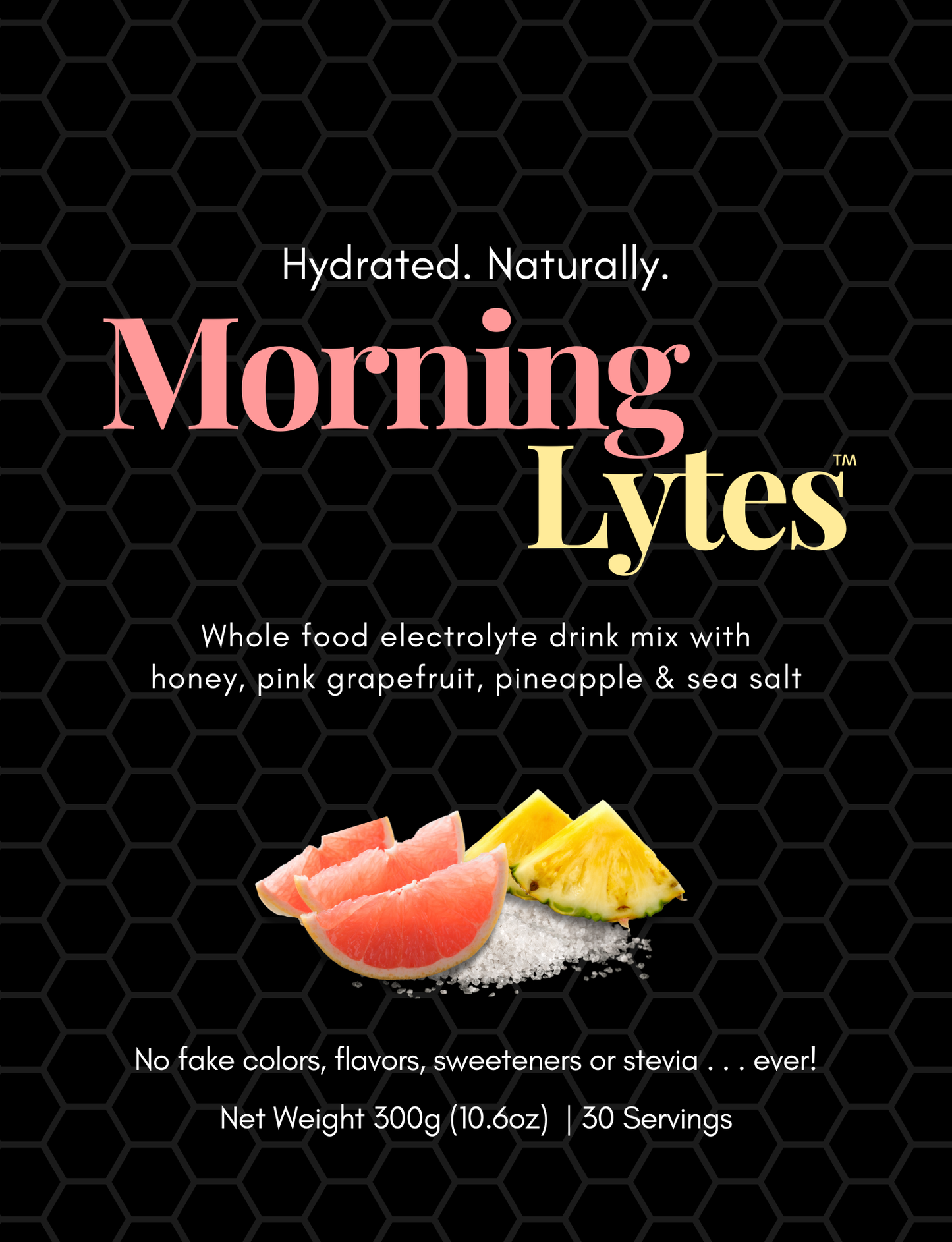 Advertisement for Morning Lytes drink mix with ingredients and branding details on a black background.