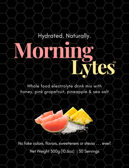 Advertisement for Morning Lytes drink mix with ingredients and branding details on a black background.