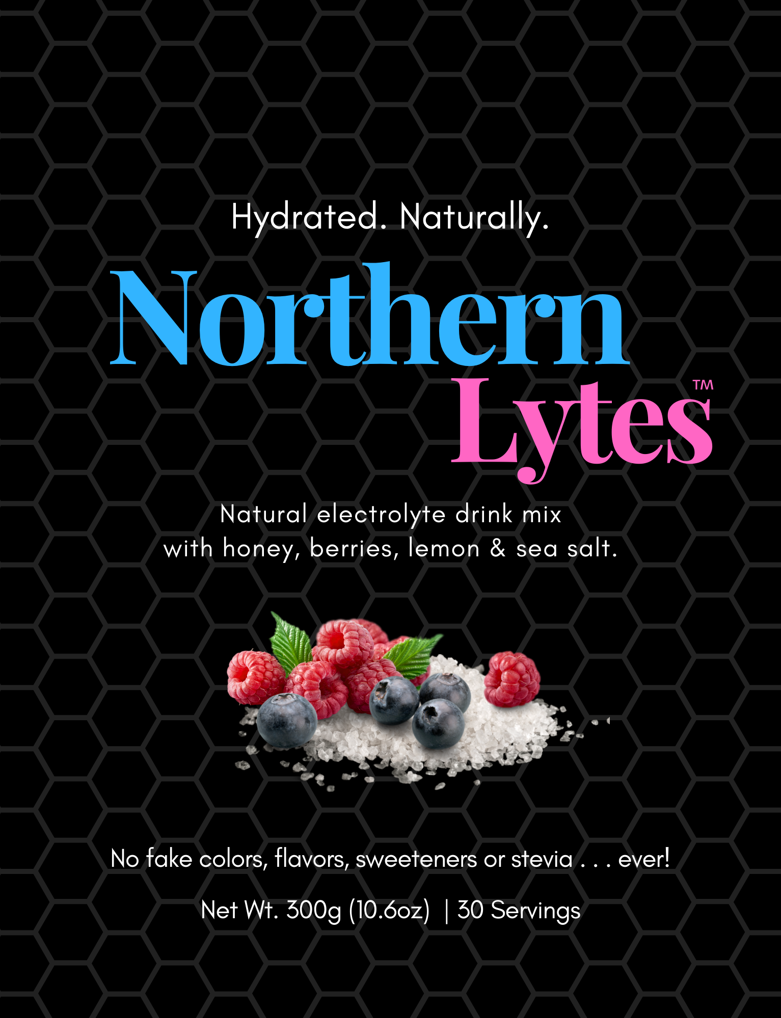 Northern Lytes natural electrolyte drink mix packaging with berries and salt on a black background