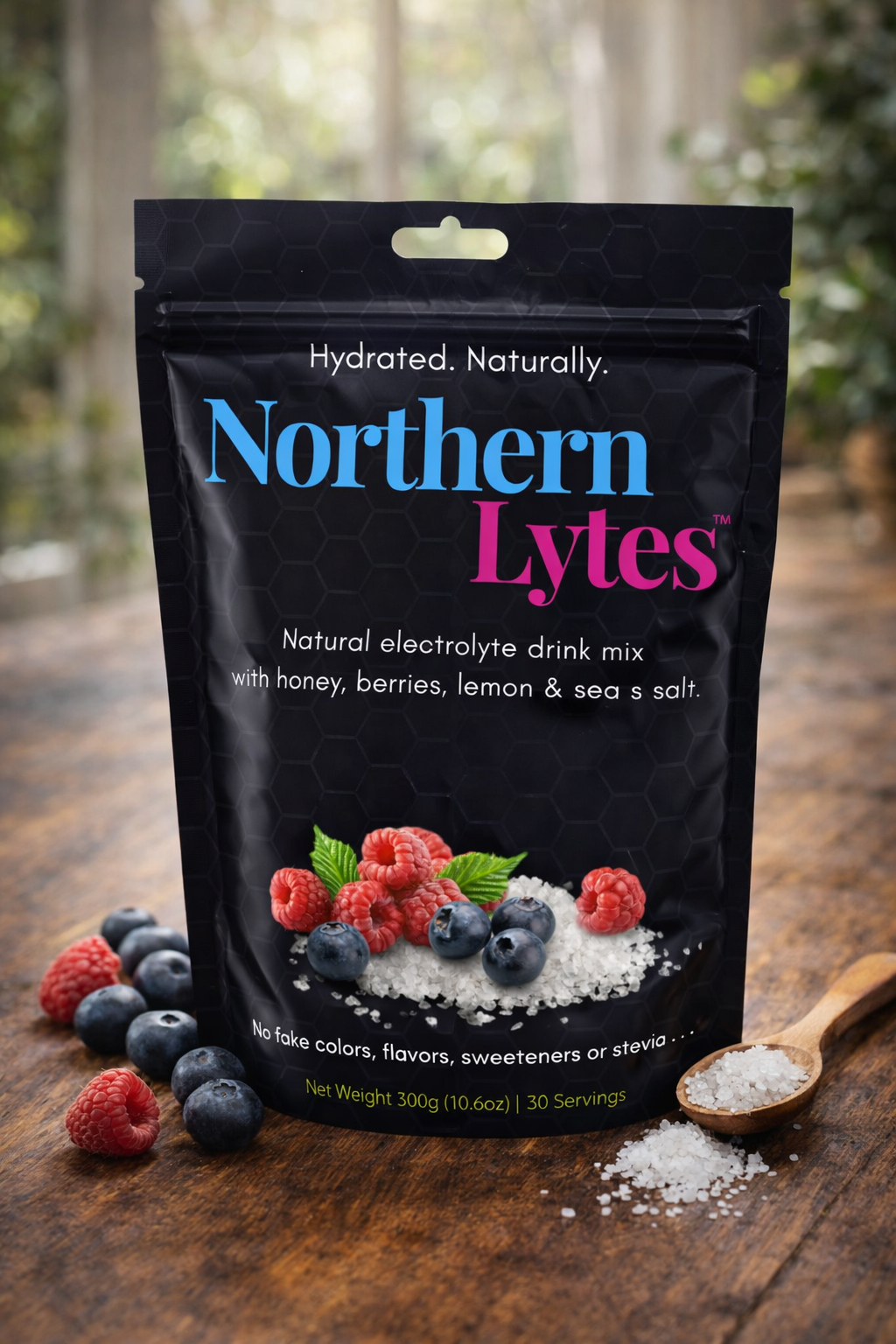 Northern Lytes natural electrolyte drink mix package on a wooden surface with berries and a spoonful of powder.