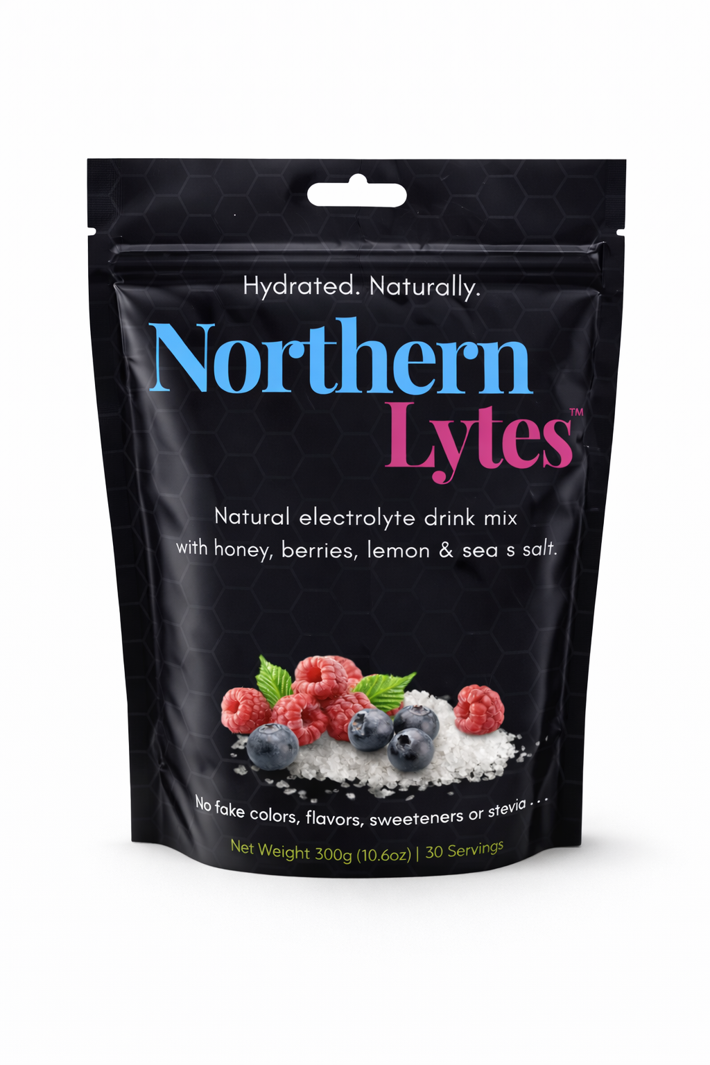Northern Lytes natural electrolyte drink mix package with berries and powder on a white background
