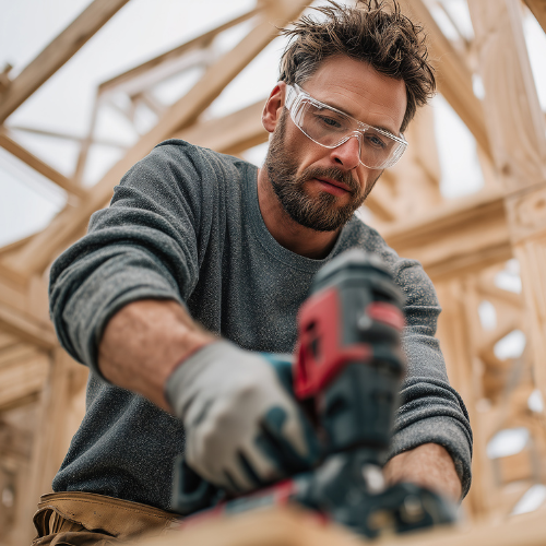 Man using a power tool in a wooden structure