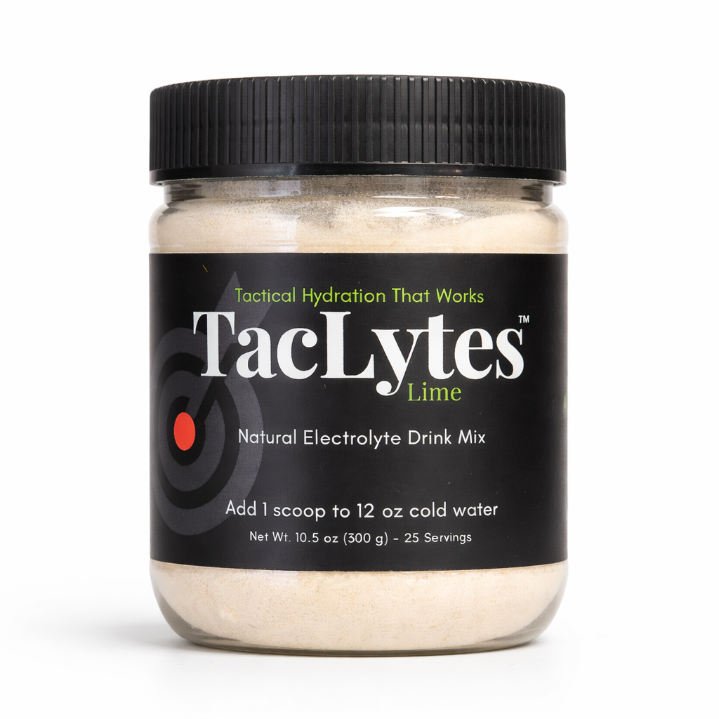 Jar of TacLytes Lime natural electrolyte drink mix on a white background