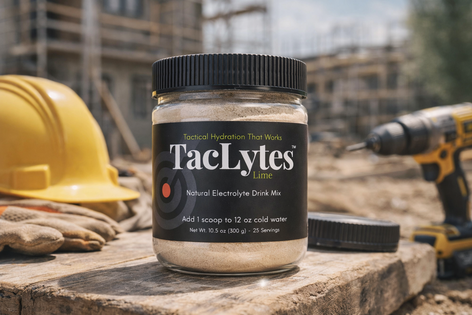 Jar of TacLytes Lime drink mix on a construction site with hard hat and drill in background