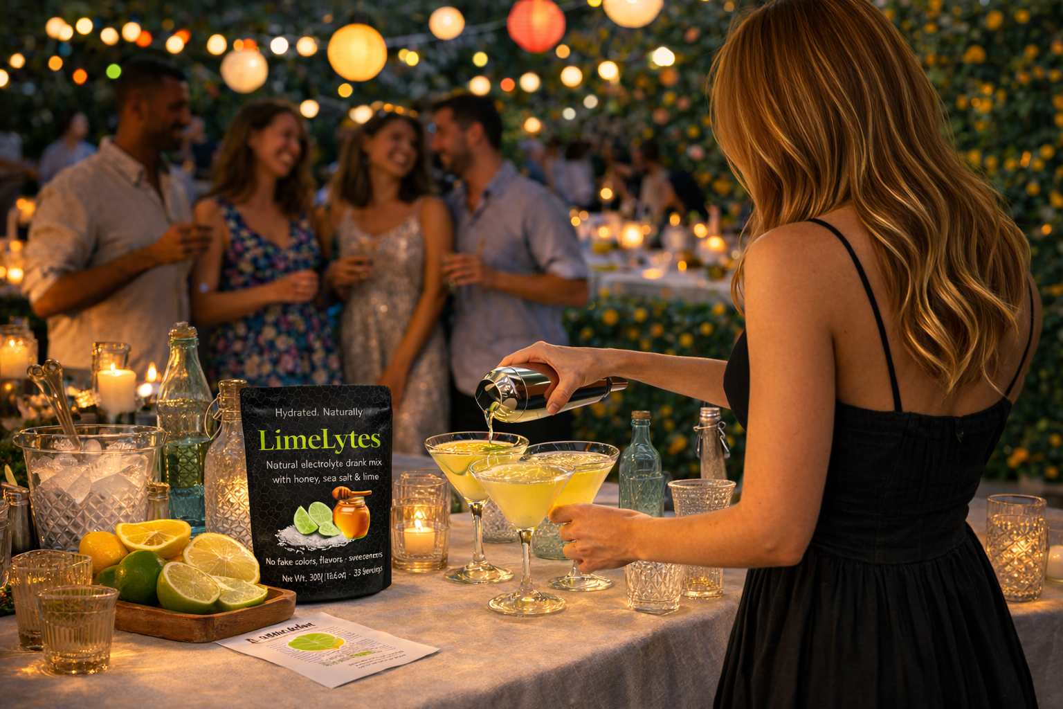 Woman pouring a drink at a social gathering with 'LimLytes' product in the foreground.