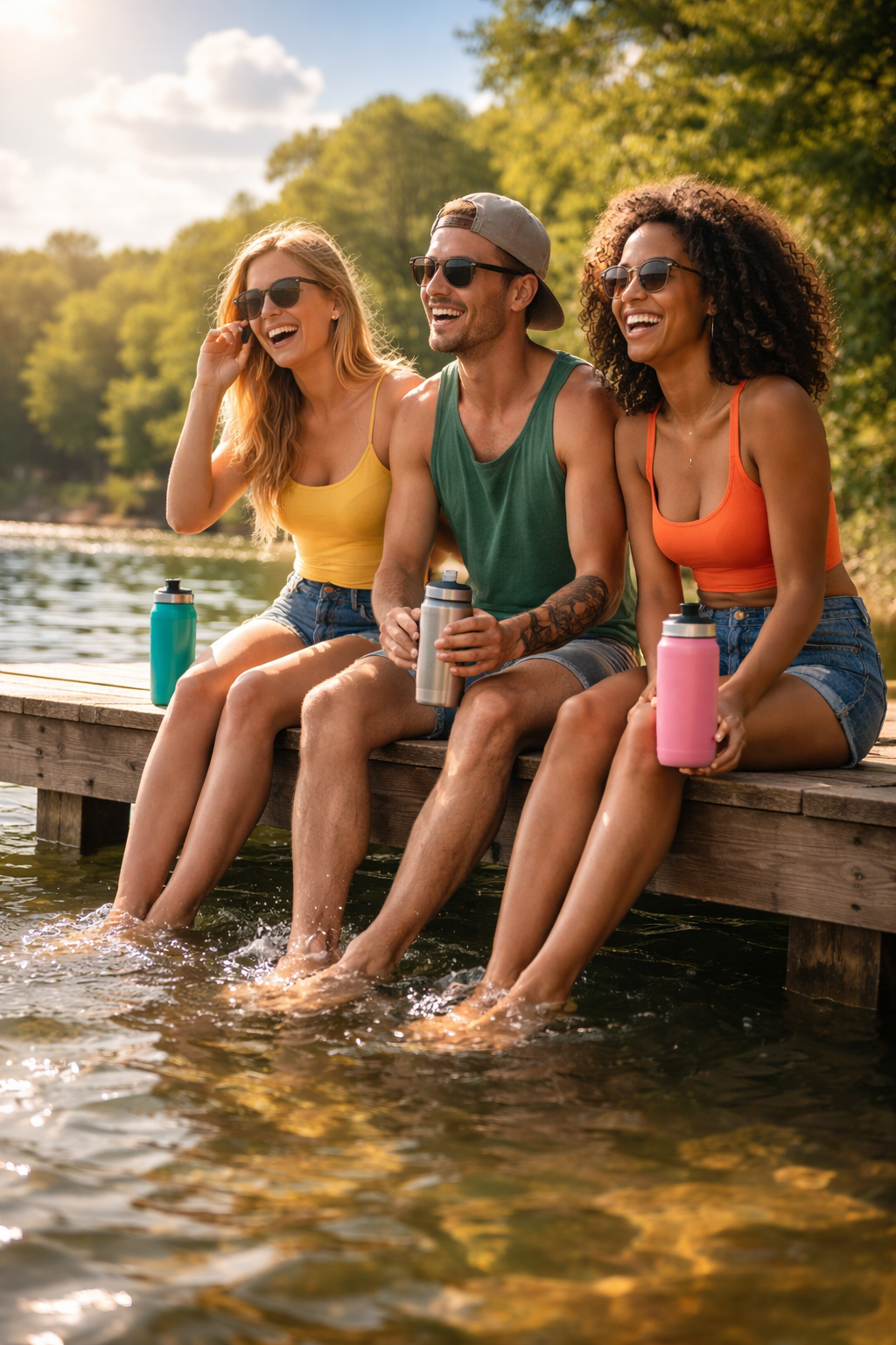 Three friends sitting on a dock by a lake, enjoying a sunny day.