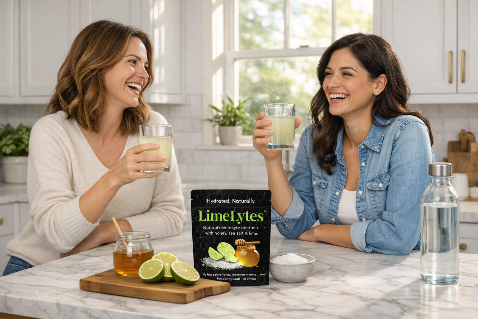 Two women enjoying drinks in a kitchen with a package of LincLytes on the counter.